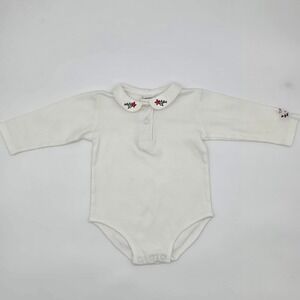 Vintage Oshkosh Bodysuit White Collared Embroidered Flowers Size 6-9 Months